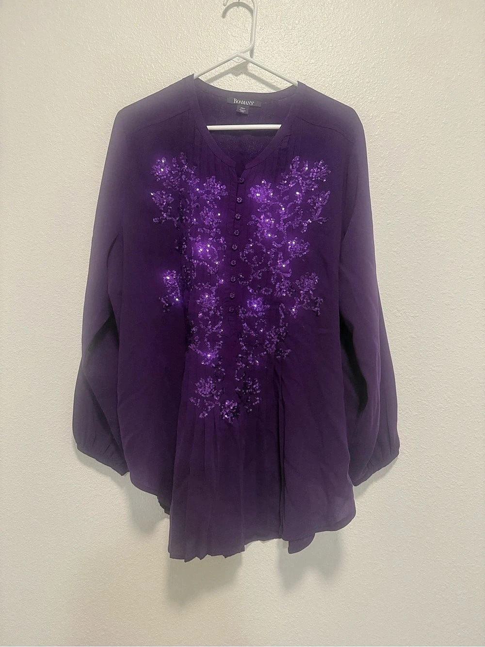 Roaman's Tunic Top Purple Floral Sequin Pleated Blouse Size 20W